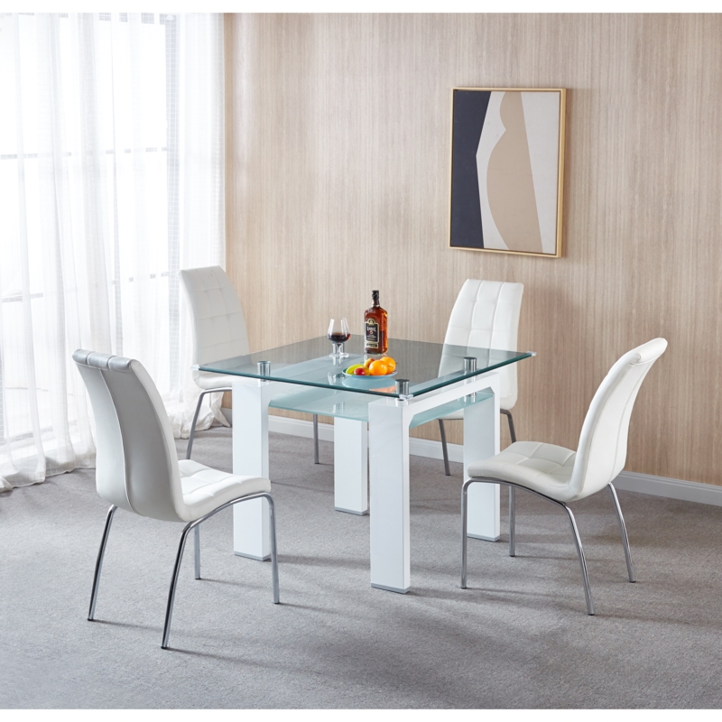 5-Piece Dining Set Double Layer Glass Top Leather-like Quilted Chairs