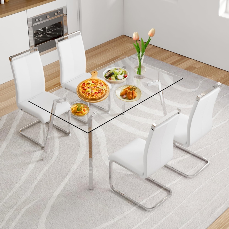 5-Piece Dining Set featuring Silver Cantilever Chairs and Glass Top