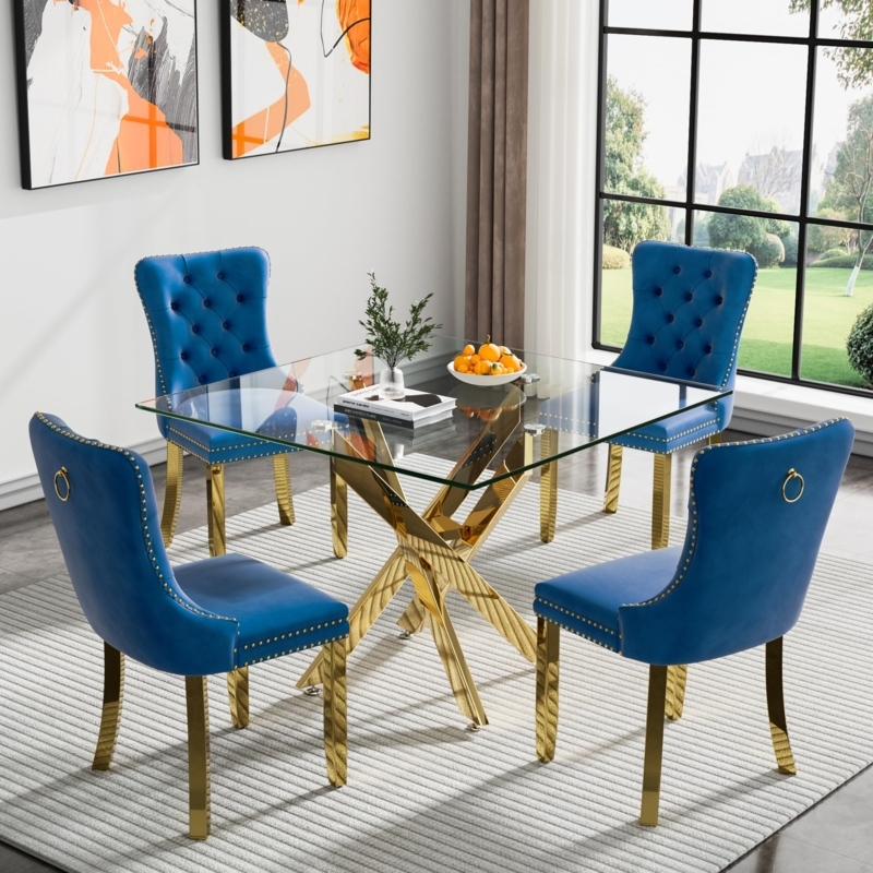 5-Piece Dining Set Glass Top Blue Tufted Chairs Gold Base