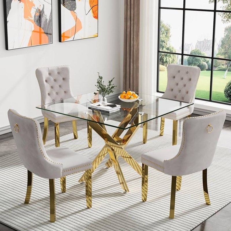 5-Piece Dining Set Glass Top Tufted Chairs with Ring Pulls Gold X-Base