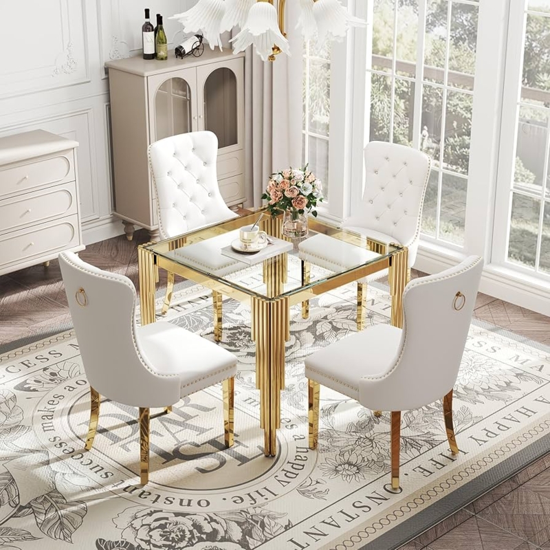 5-Piece Dining Set Gold Fluted Legs Glass Top Glam Ring Pull Chairs