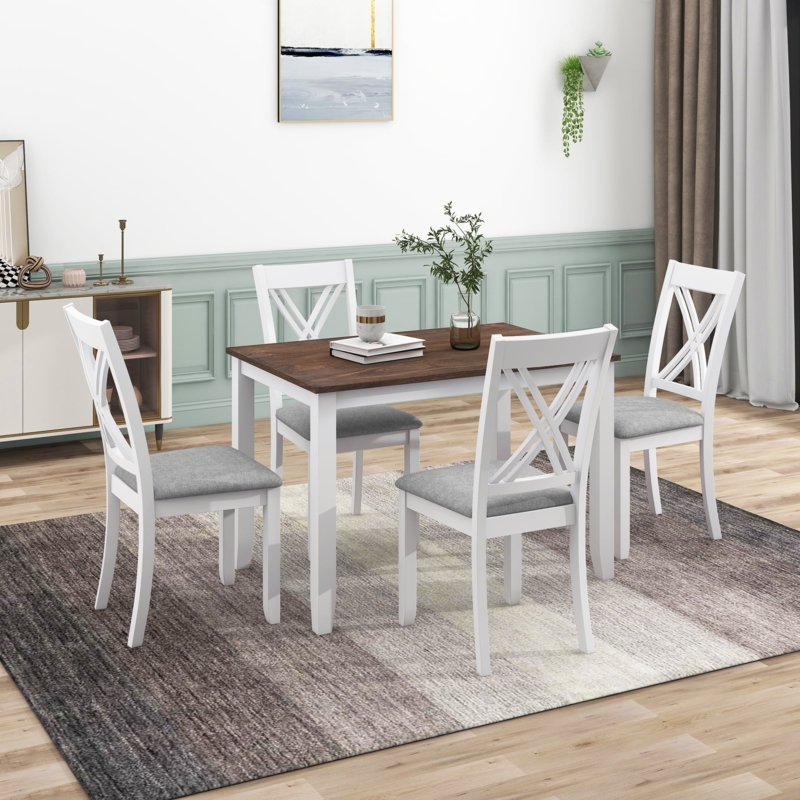 5-Piece Dining Set Kitchen Table X-Back Design Dark Wood Top White Frame