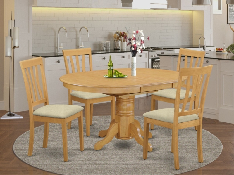5-Piece Dining Set, Oval Pedestal Table, Light Oak, Slatted-Back Chairs
