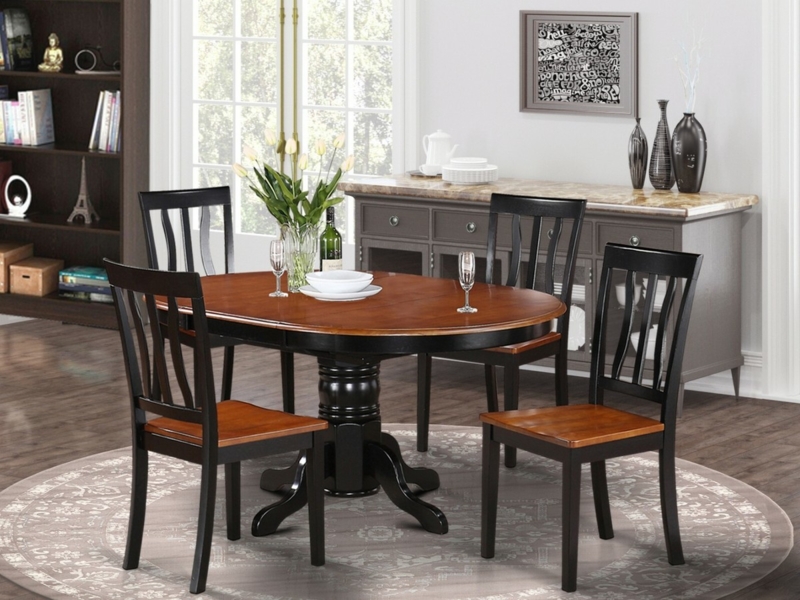 5-Piece Dining Set, Oval Table, Black and Cherry Finish, Wood Seats