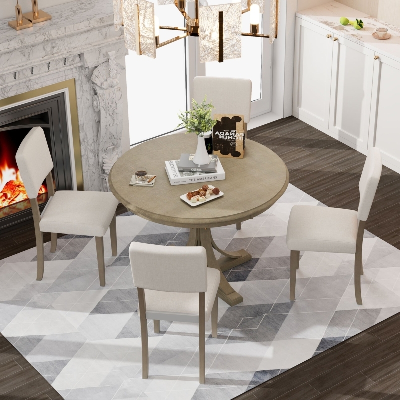 5-Piece Dining Set Round Retro Curved Trestle Legs Taupe Chairs