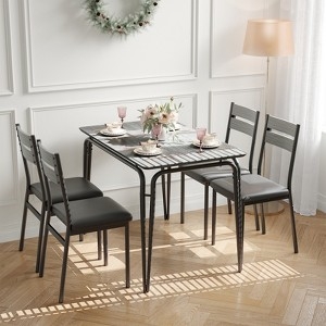 5-Piece Dining Set Stone Pattern Top Black Metal Slat Back Modern