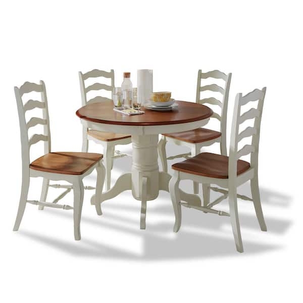 5-Piece Dining Set: Two-Tone Pedestal Table, Ladder Backs