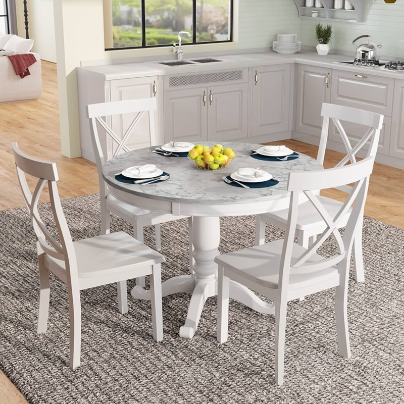 5-Piece Dining Set White Marble Veneer Top X-Back Chairs
