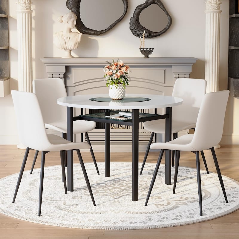 5 Piece Dining Set White Round Table Lower Shelf Black Legs