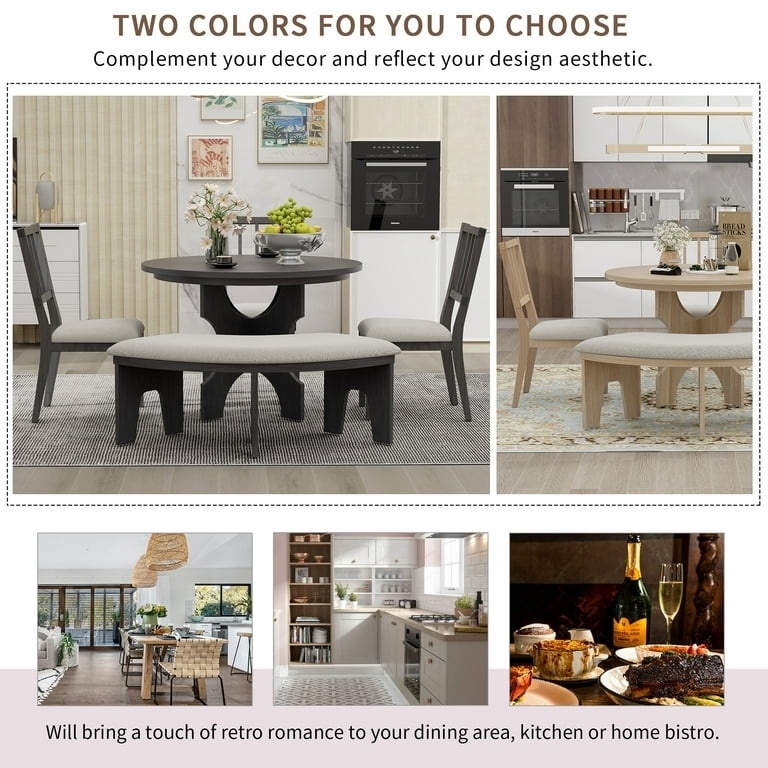 5-Piece Dining Set with Round Pedestal Table and Curved Bench