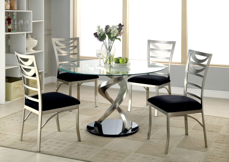 5-Piece Dining Set with Silver Spiral Base and Black Slat Back Chairs