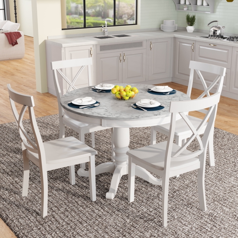 5-Piece Dining Table Set White Round Marble Style Top X-Back Chairs