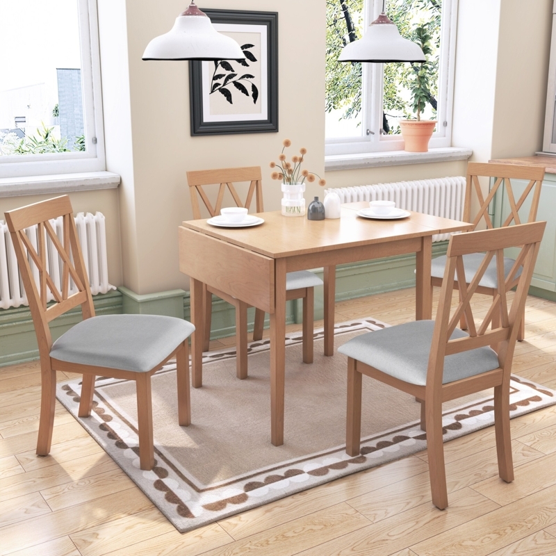 5-Piece Drop Leaf Dining Set with Grey Upholstered X-Back Chairs