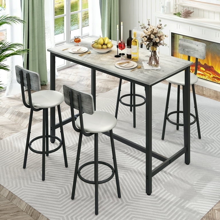 5-Piece Modern Bar Set: Gray Wood Grain & Padded Seats