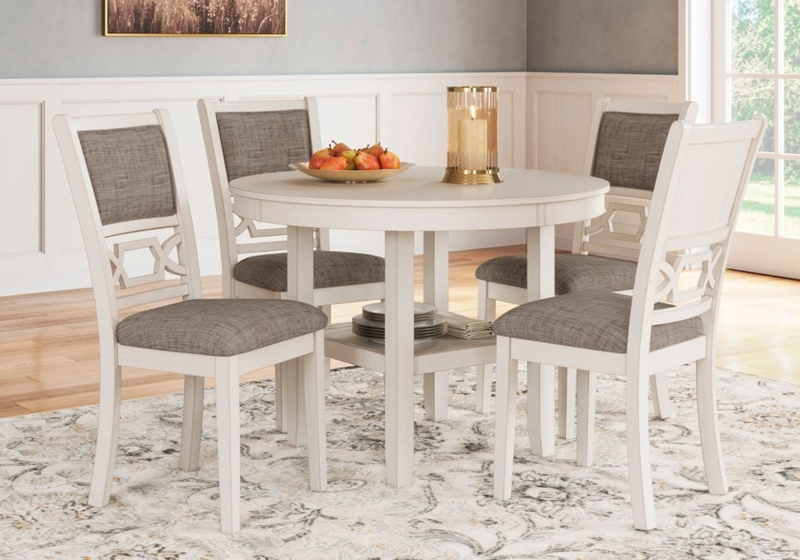 5-Piece Round Dining Set Storage Shelf Fretwork Back Chairs