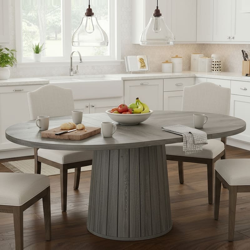 55-Inch Oval Farmhouse Dining Table for 6, Pedestal Base Kitchen Table - Brown