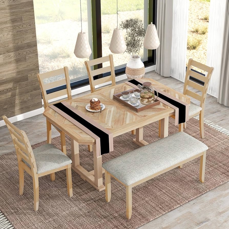 6-Piece Dining Set with Chevron Wood Table and Natural Wash Finish