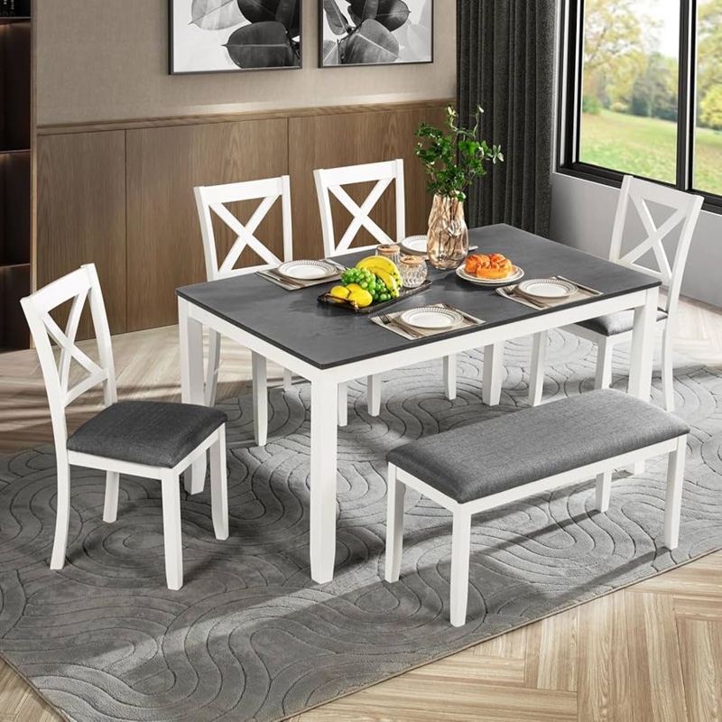 6-Piece Dining Set with Upholstered Bench Cross Back Chairs Two Tone
