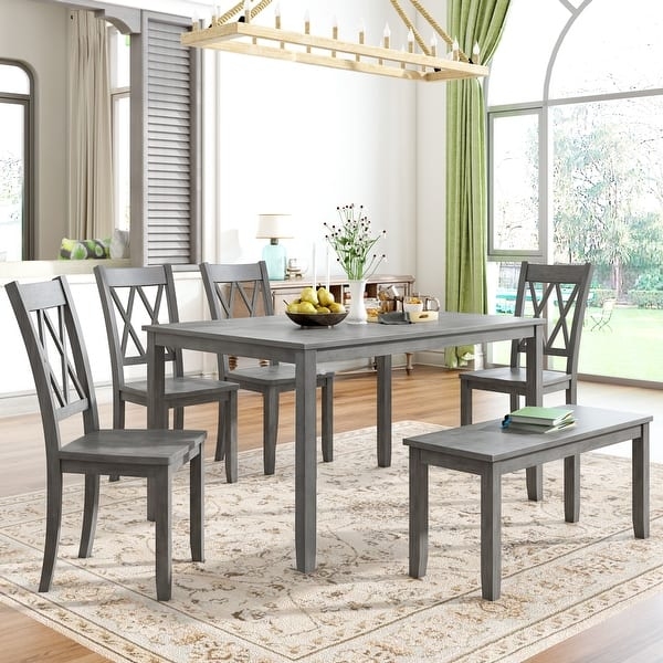 6 Piece Wooden Kitchen Dining Set Including Farmhouse Country Dining Table  and 4 Double Cross Back Chairs and Beautiful Bench - Bed Bath & Beyond -  40777801