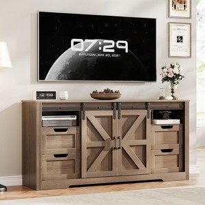 66 Inch Media Stand with Four Drawers and Cutout Pulls