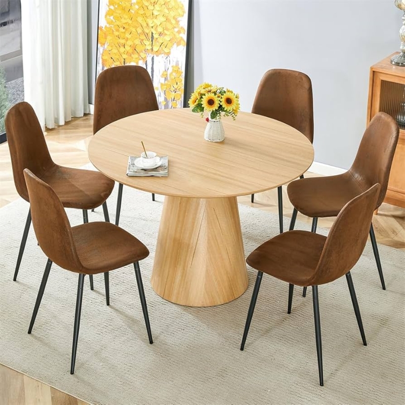 7-Piece Dining Set Conical Wood Pedestal Base Suede-Like Brown Chairs