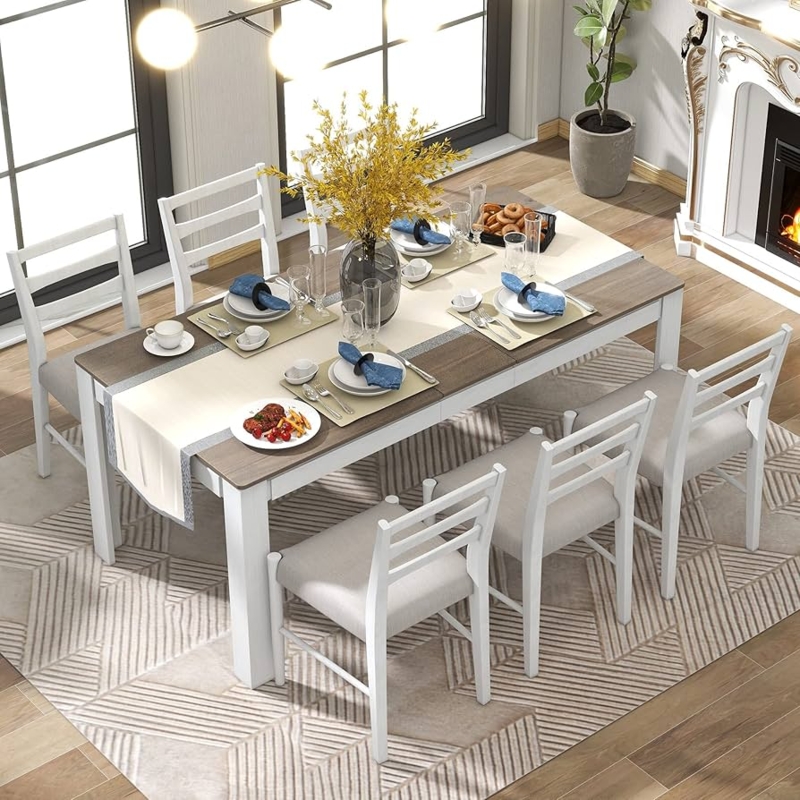 7-Piece Dining Set, Extendable Table, White and Brown Two-Tone Finish