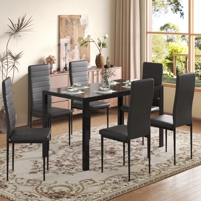 7-Piece Dining Set featuring Ribbed Back Chairs Modern Glass Design
