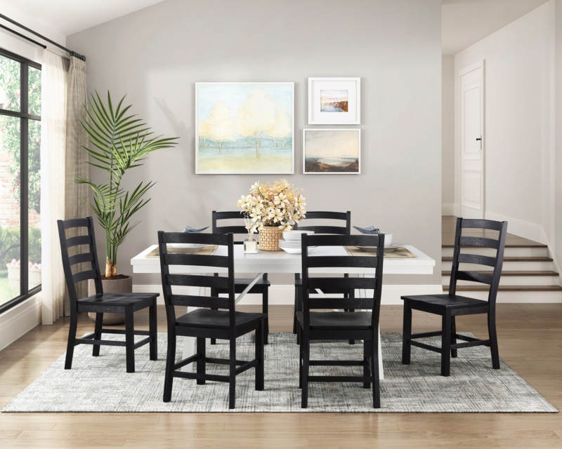 7-Piece Dining Set featuring White Rectangular Table and Black Chairs