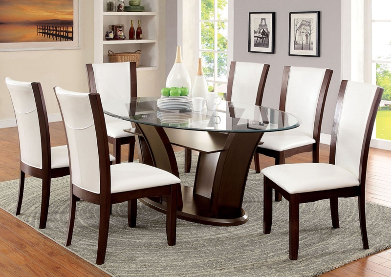 7-Piece Dining Set, Oval Glass Table with Curved Pedestal