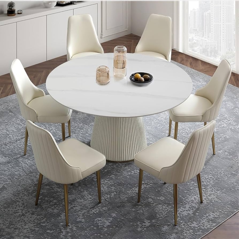 7-Piece Dining Set Round Fluted Stone Table Cream Channeled Chairs