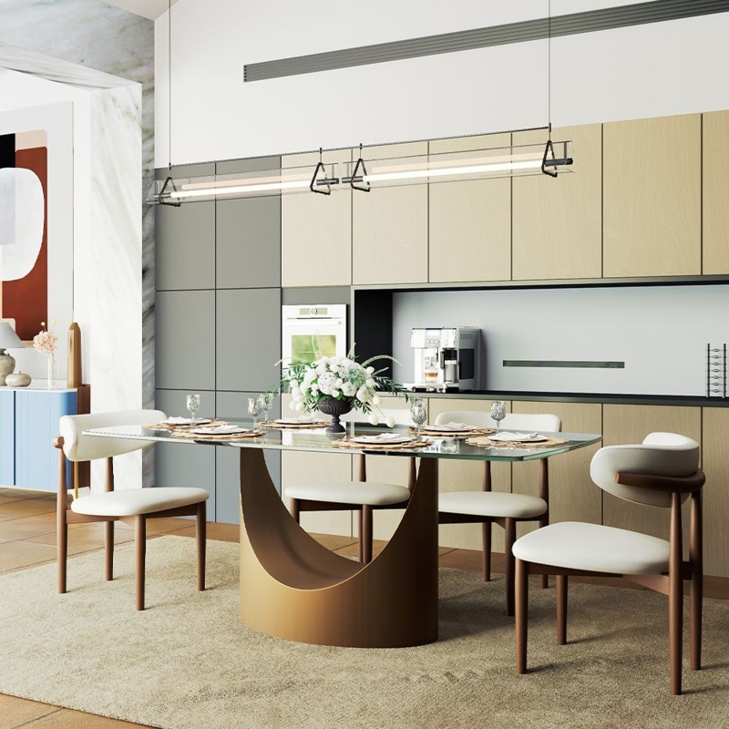 7-Piece Dining Set with Gray Glass Top and Slim Upholstered Chairs