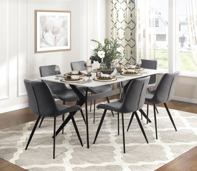 7-Piece Dining Set with Marble-Like Top and Metal Legs