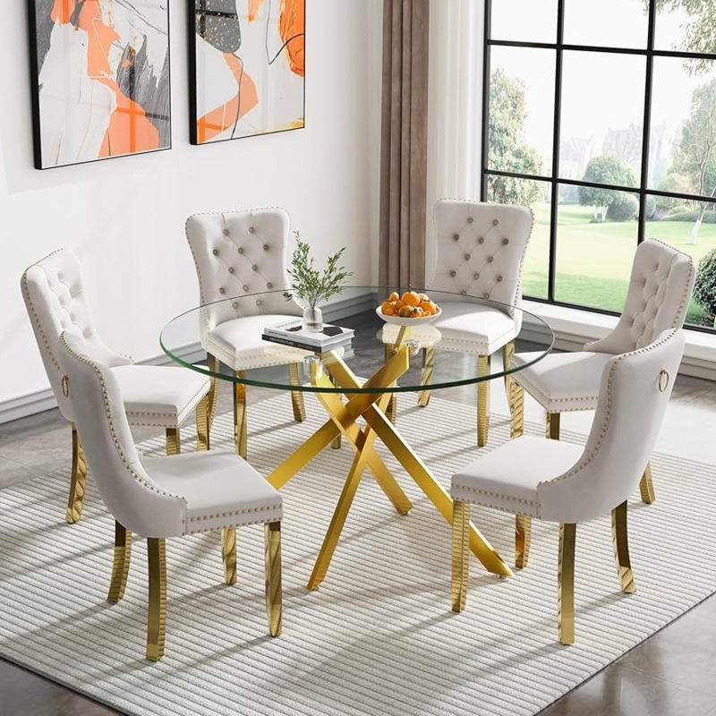 7-Piece Dining Set with Round Glass Table and Gold Crossed Base