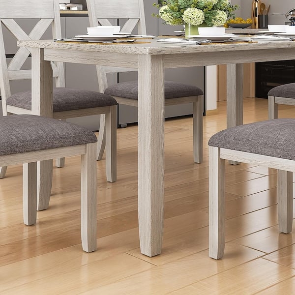 7 Piece Dining Set X-Back Chairs Gray Upholstery Whitewashed Wood