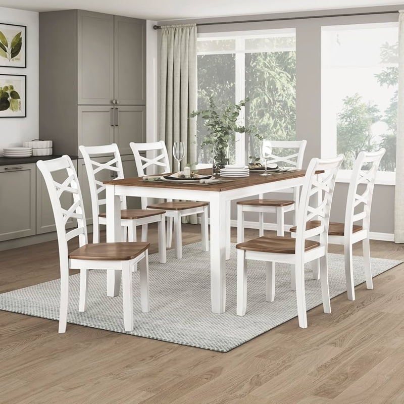 7-Piece Dining Table Set Cross-Back Chairs Two-Tone White Cherry