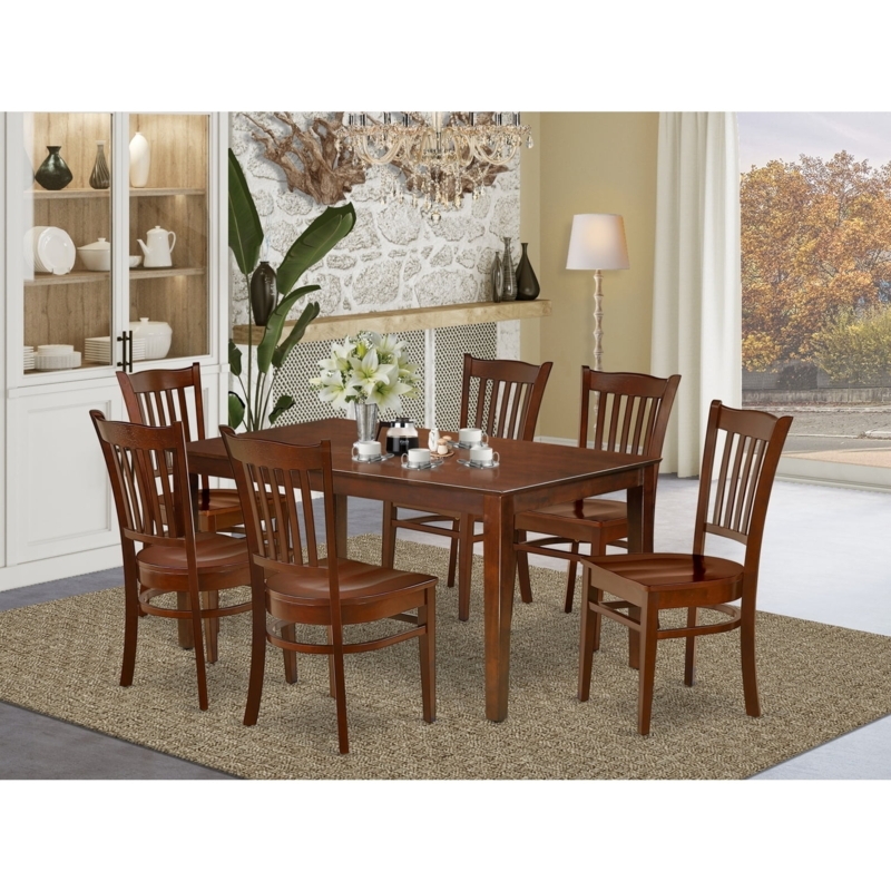 7-Piece Wood Dining Set Dark Finish Slat Back Chairs Traditional Style