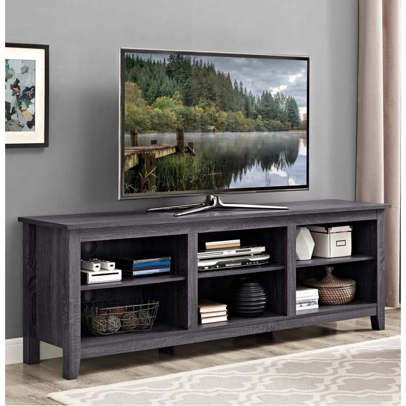 70 inch charcoal TV stand with six open compartments.