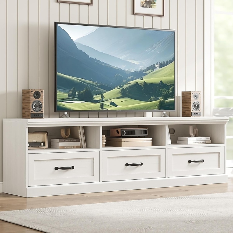 70 Inch TV Stand with Black Cup Pulls, Modern Farmhouse Media Console