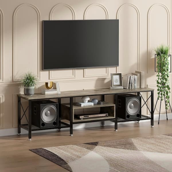 75 Inch Media Stand with Weathered Gray Wood Finish