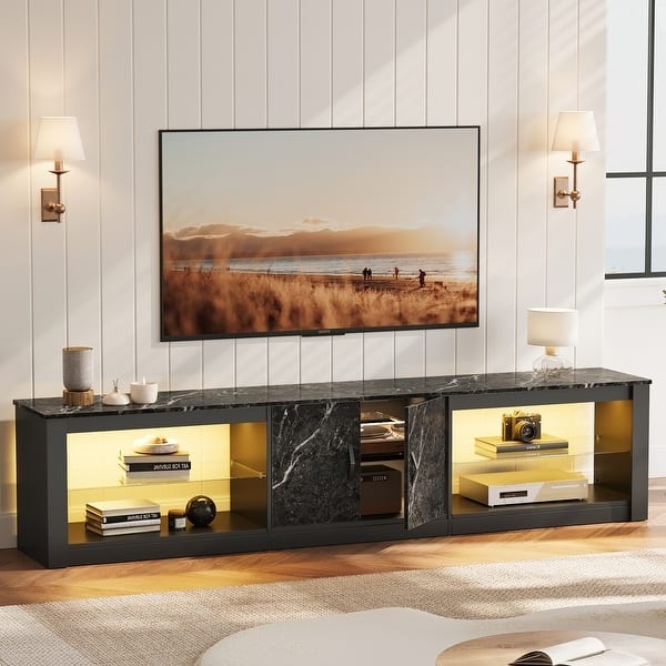 80 Inch Black Marble TV Stand with LED Lighting and Glass Shelves
