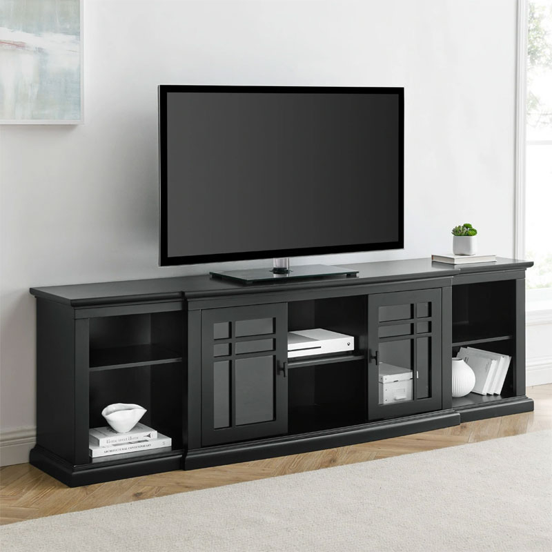 80 Inch Matte Black TV Stand with Mullioned Glass Doors
