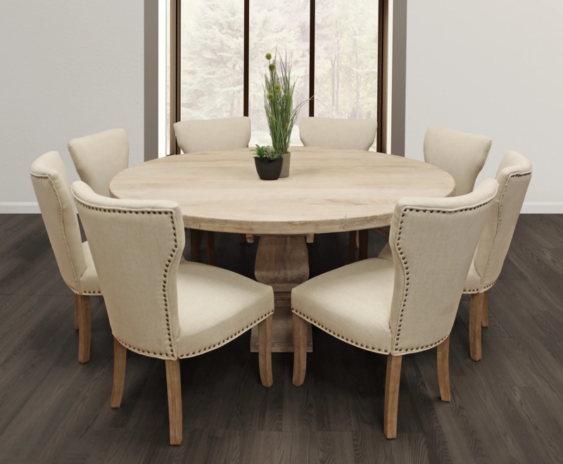 9 Piece Dining Furniture: Round Pedestal Table, Ivory Linen Wingback Chairs