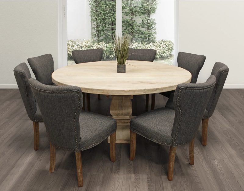 9-Piece Dining Set: 70 Inch Round Table, Gray Linen Nailhead Chairs
