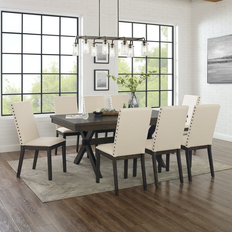 9-Piece Dining Set Dark Wood Cross Leg Table Cream Nailhead Chairs