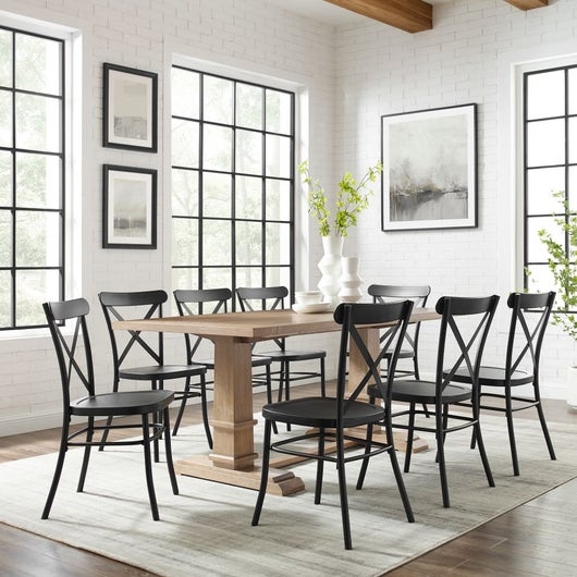 9-Piece Dining Set Light Wood Trestle Table Black X-Back Chairs