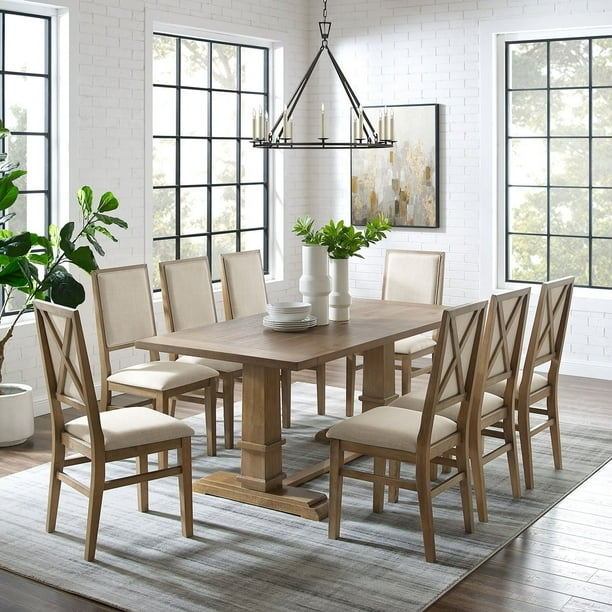 9-Piece Dining Set Rustic Wood Trestle Table Mixed Chair Styles
