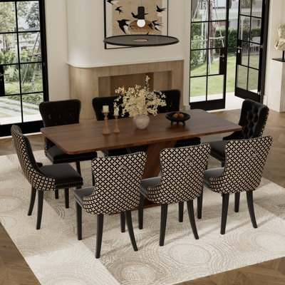 9-Piece Dining Set Slanted Pedestal Table Mixed Tufted Geometric Chairs
