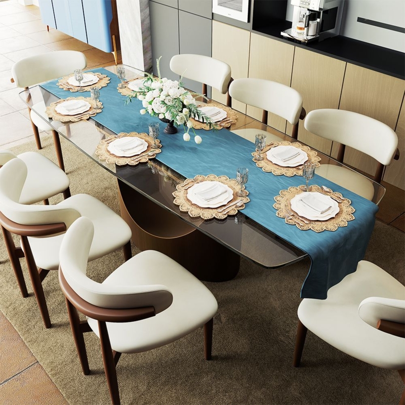 9-Piece Dining Set, Smoked Glass Table, White Curved Chairs