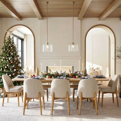 9-Piece Dining Set Warm Wood Trestle Table Cream Upholstered Chairs