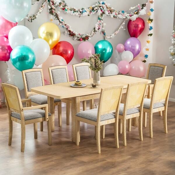 9-Piece Light Wood Dining Set with Upholstered Chairs